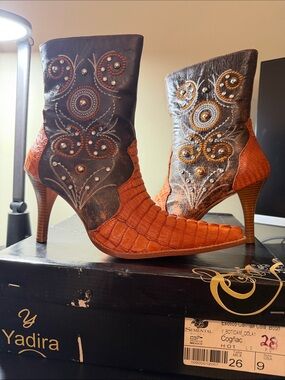 Yadira Exotic Cognac & Brown Leather Ankle Boots